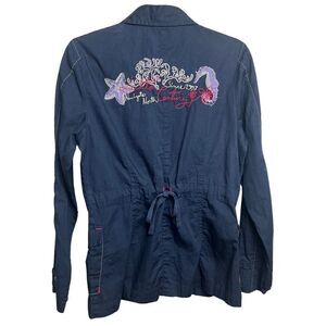 Luhta Navy Button Down Shirt Jacket with Embroidery on Back Women's Sz. 8